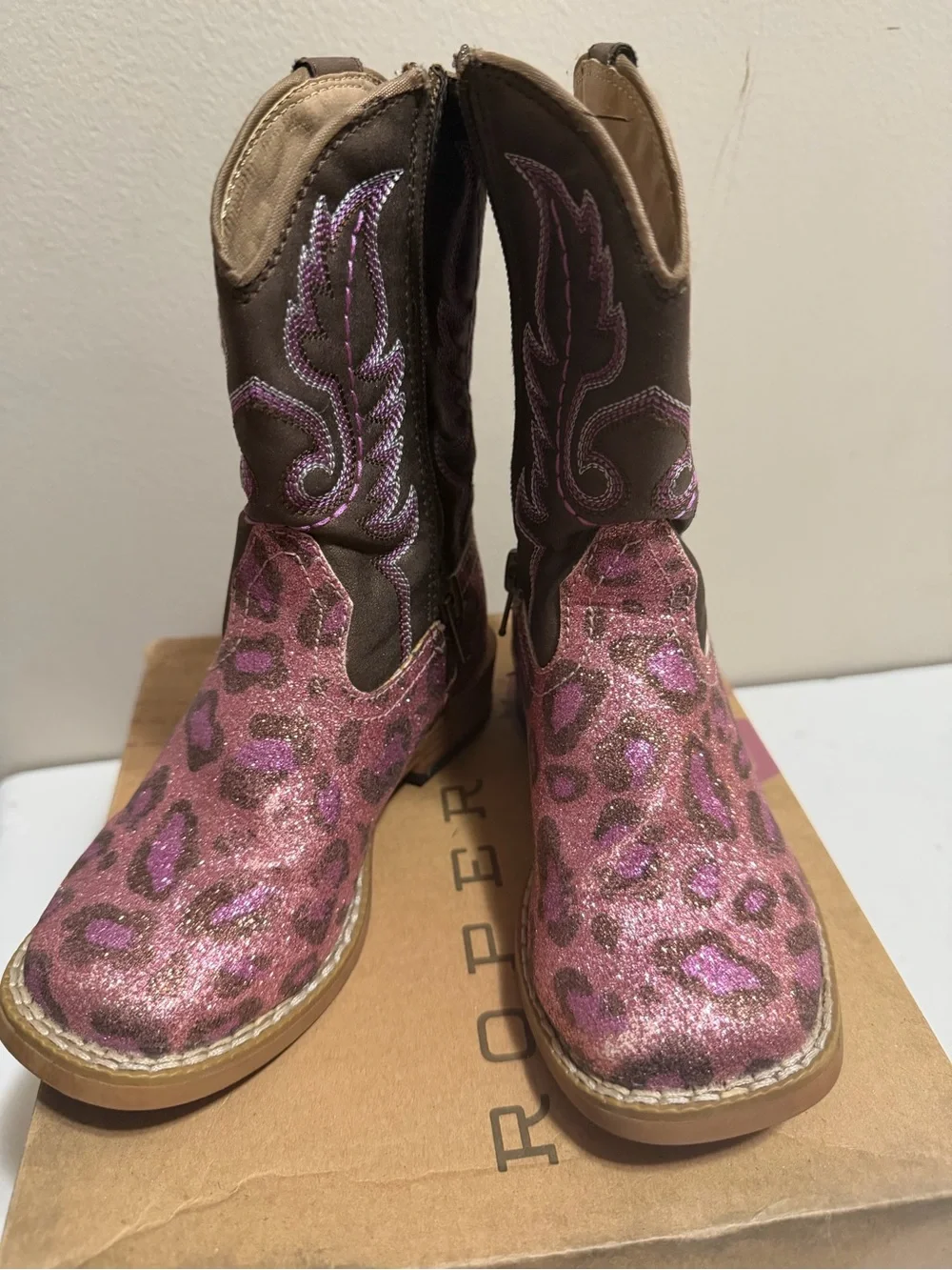 Roper Girls Pink Leopard Glitter Western Cowboy Boots Size 8
